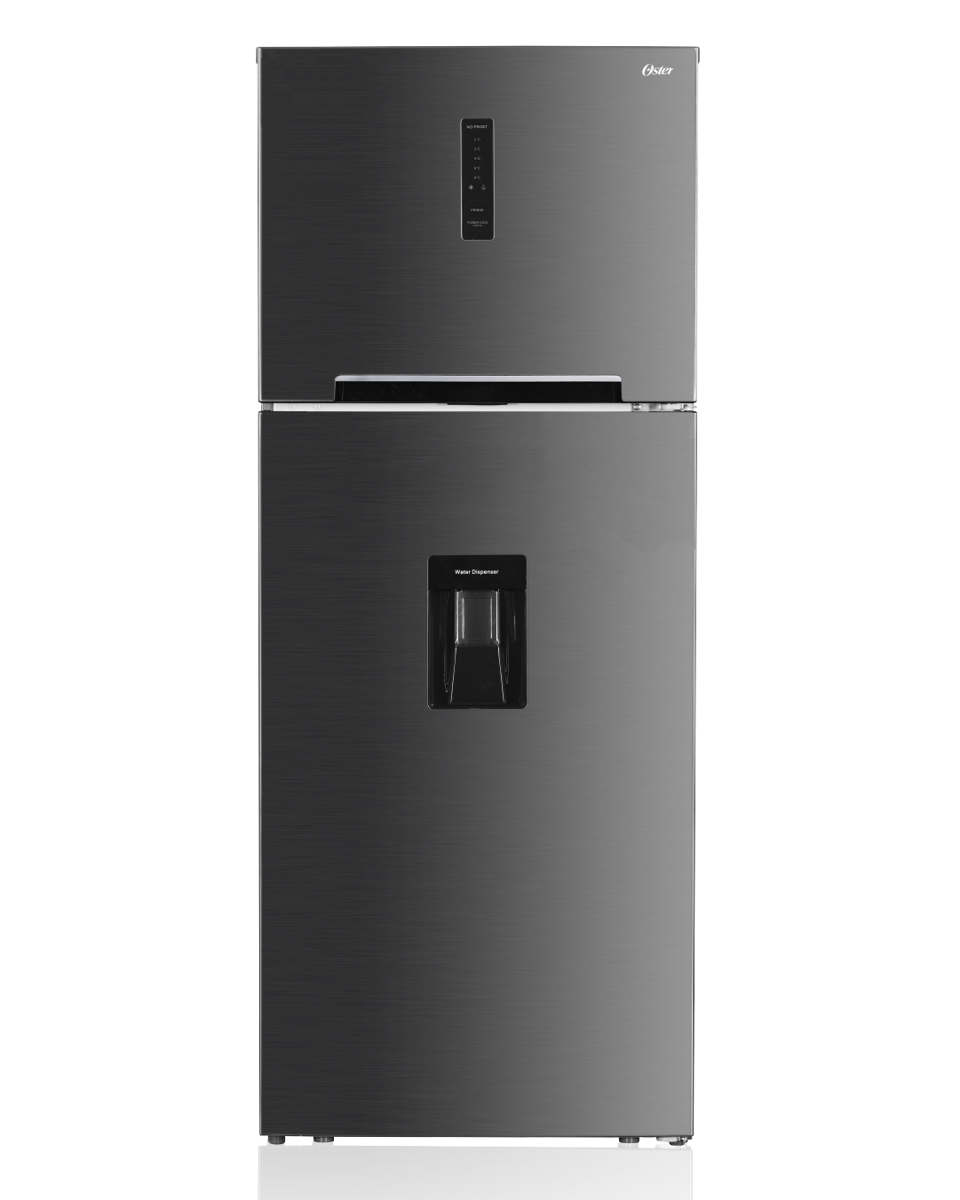 Refrigeradora Oster OS-NF21602HVDI Top Mount de 15 pies cúbicos en acero inoxidable, No Frost Inverter con dispensador de agua